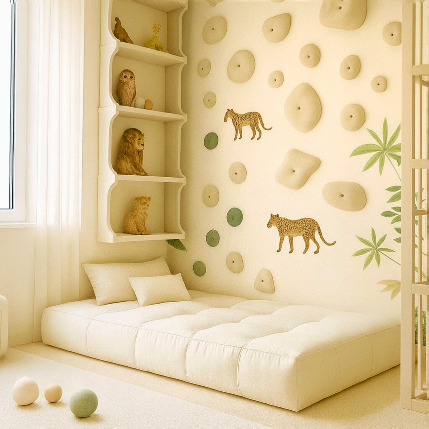 FUDGee® Cloud Bubble Mattress in neutral whites, styled as a kids sofa bed in a children's modern playroom.