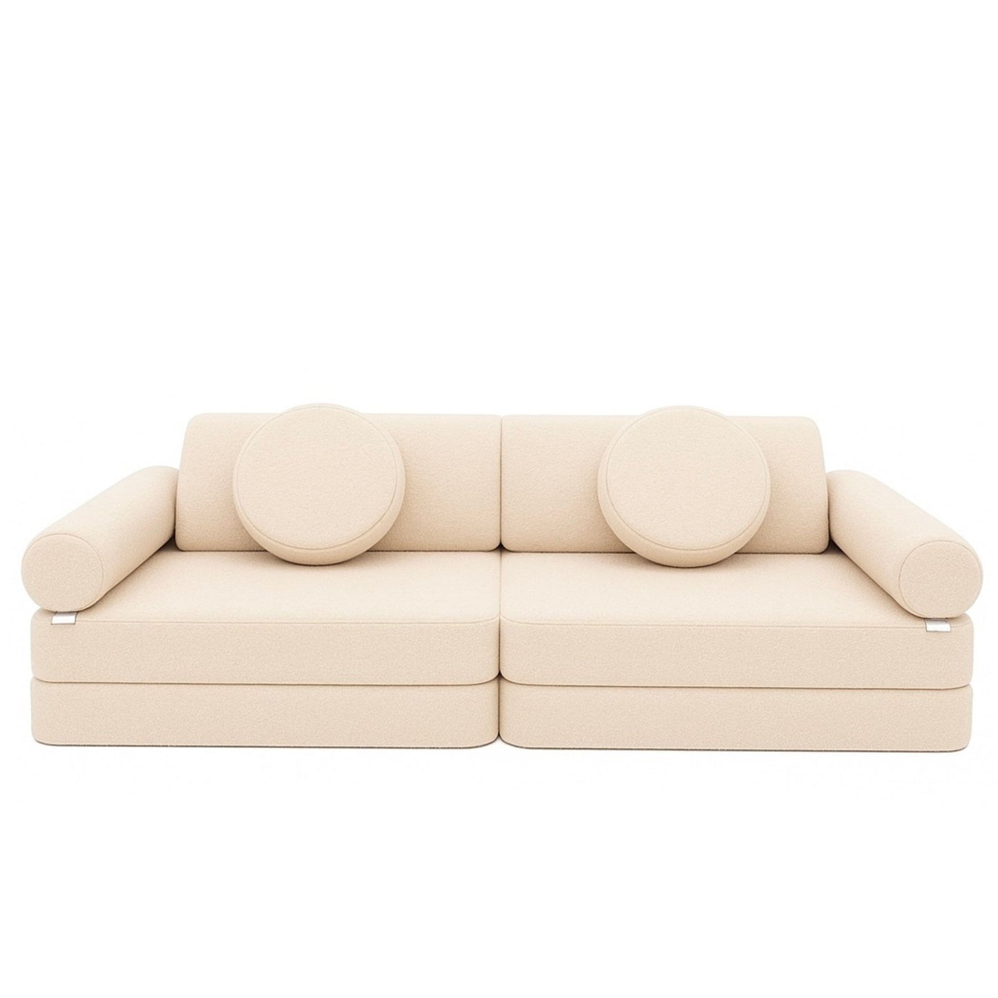 modern and customizable play couch made in lush boucle teddy bear fabric.