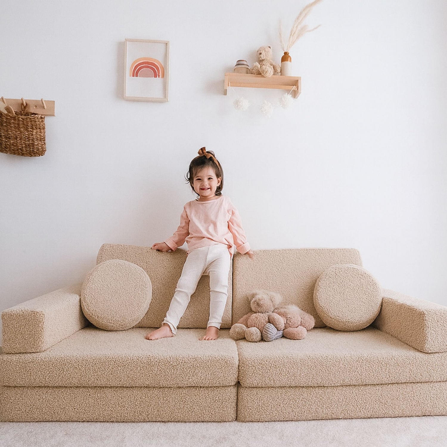 Luxury Teddy Bear Bouclé play sofa for kids – UAE-made modular couch with GCC delivery.