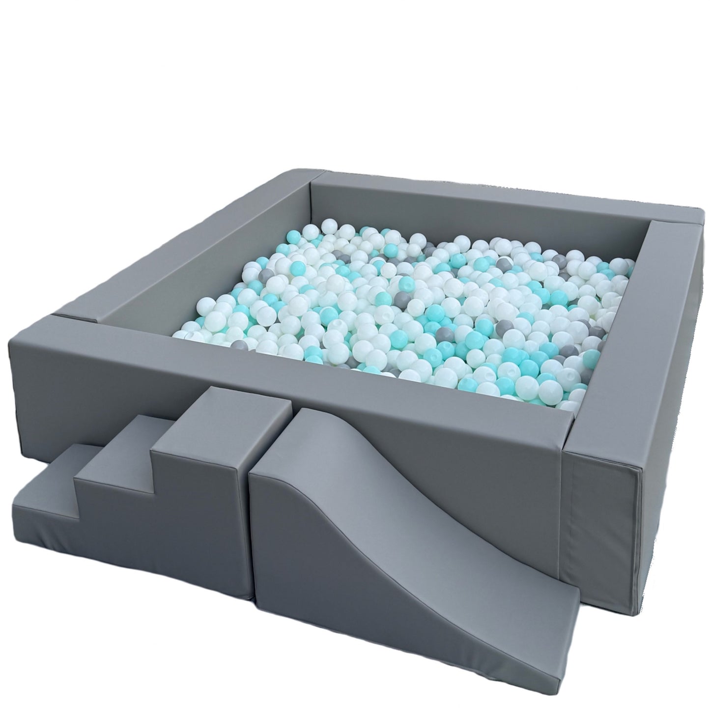 Large/giant customizable square ball pit pool with removable walls and soft base mat for indoor and outdoor play. Ideal for kids’ sensory play and active fun.