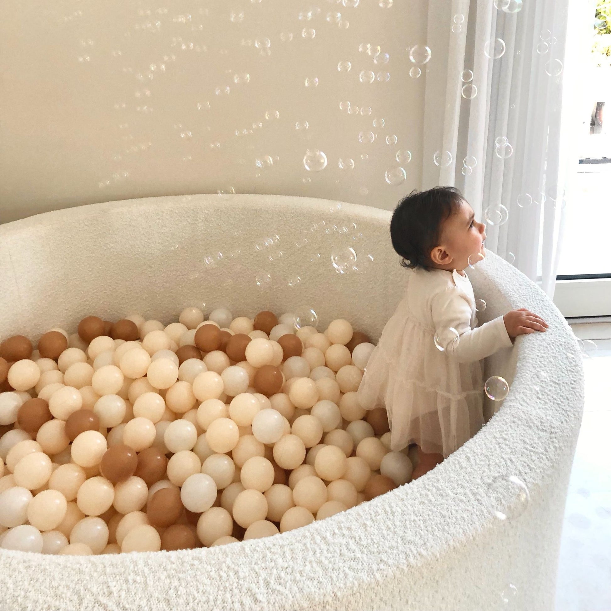 Luxury white boucle ball pit for babies and toddlers custom size
