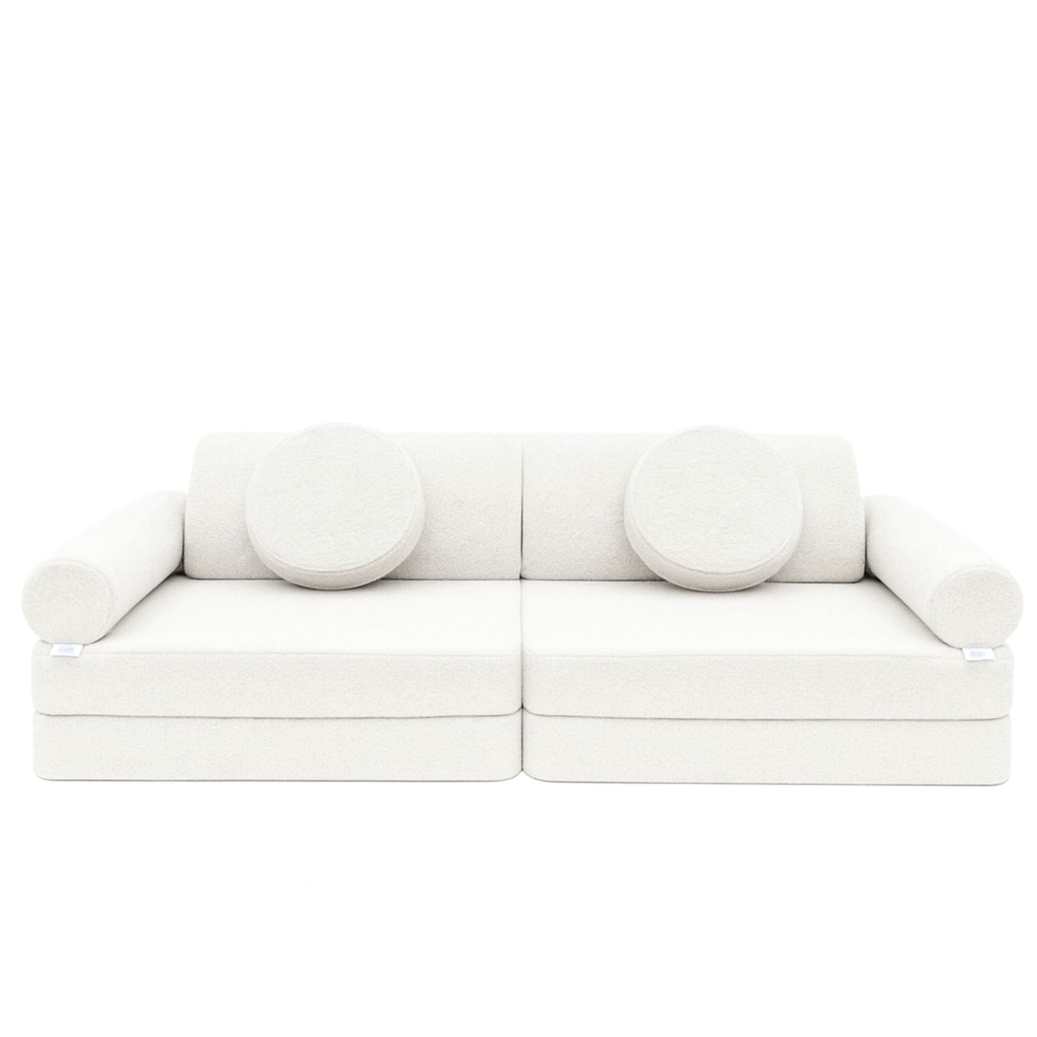 white plush teddy bear boucle fabric in a modular play sofa design.