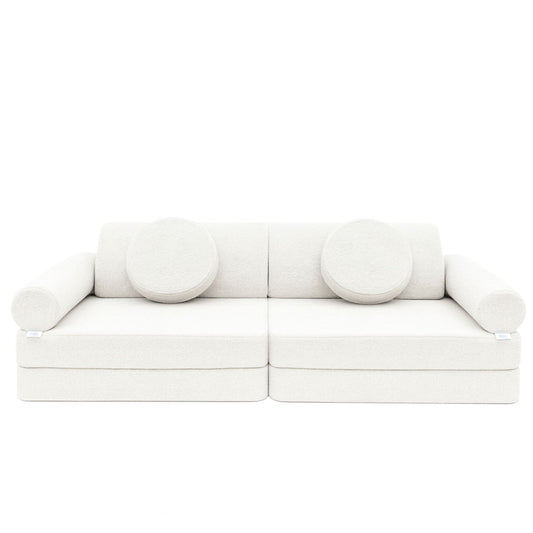 white plush teddy bear boucle fabric in a modular play sofa design.