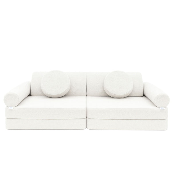 white plush teddy bear boucle fabric in a modular play sofa design.