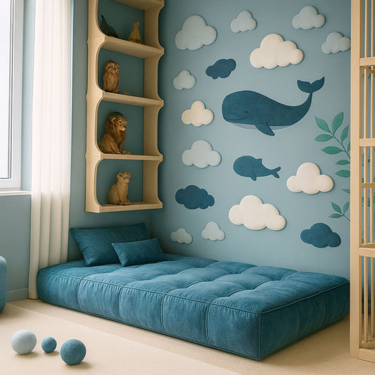 Luxury children's foam bubble sofa bed in blue water repellent fabric.