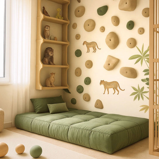 Customisable kids cloud mattress used as a sofa bed and safety play mat, paired with modular foam furniture.