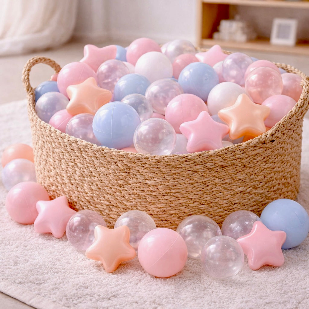Pastel and neutral colored baby ball pit balls with pear and transparent stars.