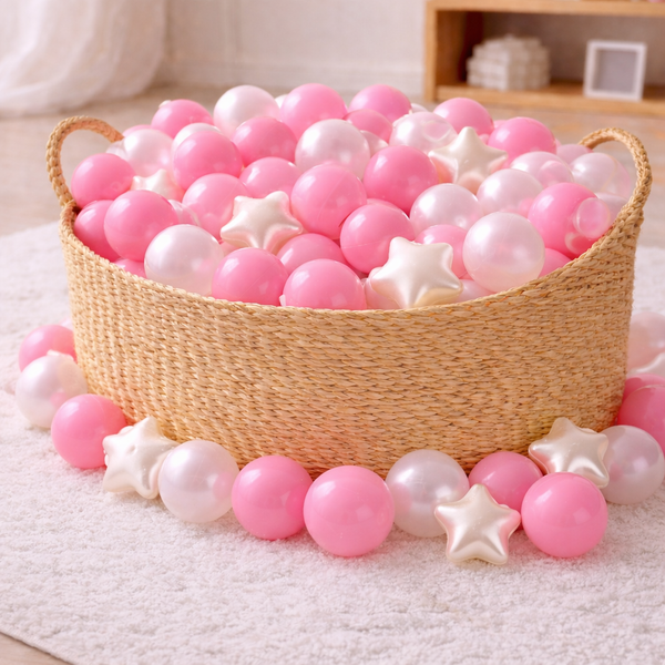 pink and pearl ball pit balls with stars for babies and toddlers.